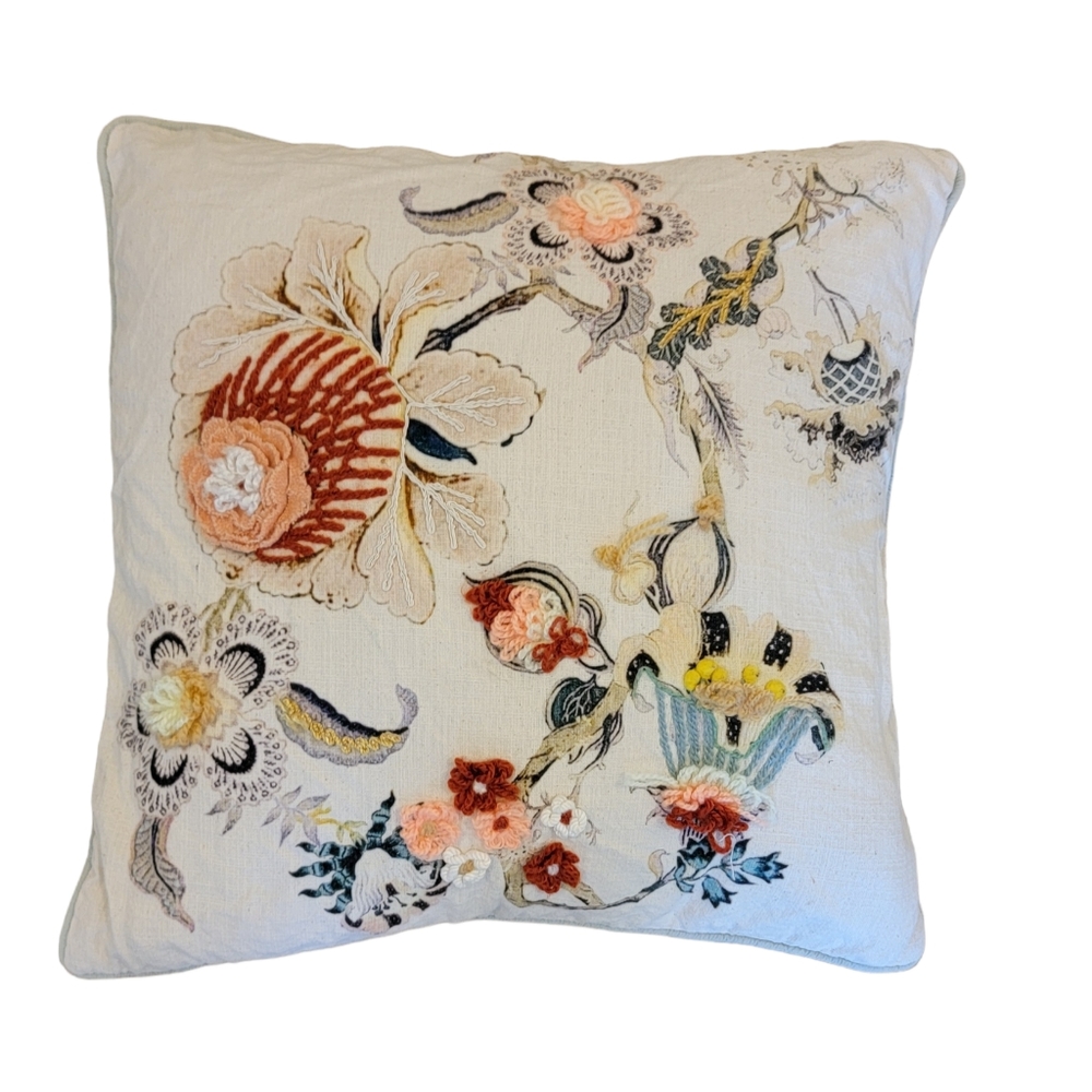 Embroidered 100% Cotton Linen Cream Boho Accent Pillow Cover
